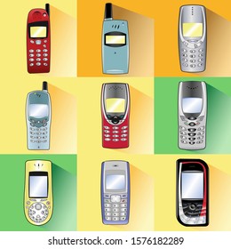 Set of Old Cell Phones Icon Design Vector Illustration with Flat Style and Colored Background