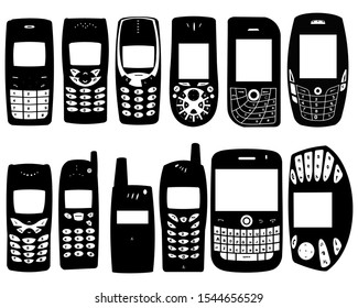 Set of Old Cell Phones Silhouette Vector Illustration with White Background