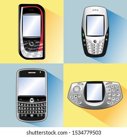 Set of Old Cell Phones Vectors Illustration with Flat Design Style and Colored Background