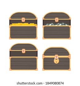 Set of old chests with money. Open and closed old chest in flat style. Vector.