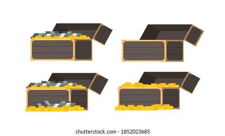 Set alte Truhen mit Geld. Offene und geschlossene alte Brust im flachen Stil. Vektorgrafik.