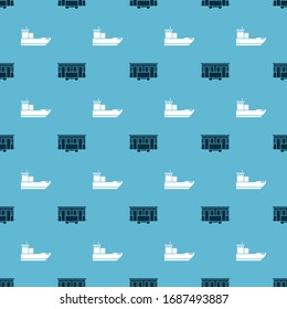 Set Old city tram and Cargo ship on seamless pattern. Vector
