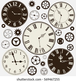 Set Of Old Clocks And Parts Of Mechanism. Vector Illustration.