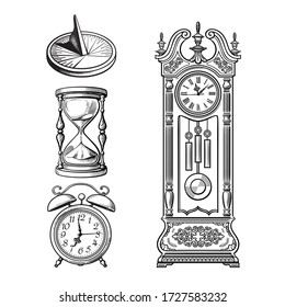Set of old clocks. Sundial, Hourglass, Alarm clock Antique grandfather pendulum clock. Black and white hand drawn sketch vector illustration isolated on white background.