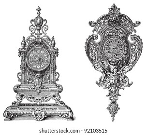 Set of old clocks / vintage illustrations from Meyers Konversations-Lexikon 1897