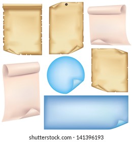 Set of old and colorful paper sheets , isolated on white background, vector illustration