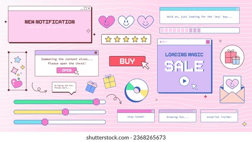 Set of Old Computer Y2K Window, Notification, Dialogue Box, Heart, CD, Button, Cursor, Rating, Loading and Volume bars. Interface in Groovy Vaporwave 90s Aesthetics. Vector Cute Retro illustrations.