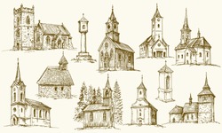 Conjunto De Antiguas Iglesias Rurales. Ilustración Vectorial Dibujada A Mano.