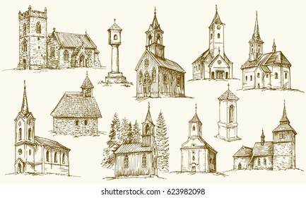 Set of old country churches. Hand drawn vector illustration.