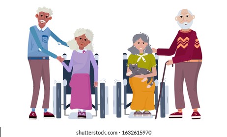Set old couple black and white. Happy elderly people help each other. Group of seniors in cartoon flat style. Aged people standing and sitting in wheelchair.