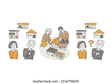 A set of old couples thinking about their own home, a comical handwritten person, a vector, and simple coloring of line drawings.
