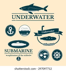 Set of old cracked labels and badges with underwater illustrations, lettering design