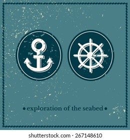 Set of old cracked labels with underwater illustrations, lettering design on blue background