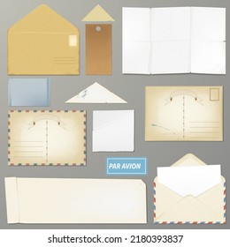 A set of old crumpled paper, postcards, envelopes and postage stamps. Elements of design, scrapbooking and decoration.