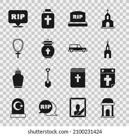 Set Old crypt, Calendar death, Church building, Tombstone with RIP written, Funeral urn, Christian cross chain, Speech bubble rip and Hearse car icon. Vector