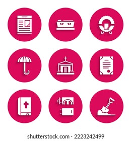 Set Old crypt, Crematorium, Shovel in the ground, Death certificate, Holy bible book, Umbrella, Memorial wreath and Obituaries icon. Vector