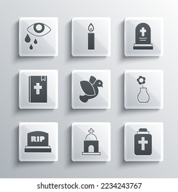 Set Old crypt, Funeral urn, Flower in vase, Dove, Tombstone with RIP written, Holy bible book, Tear eye and Grave tombstone icon. Vector