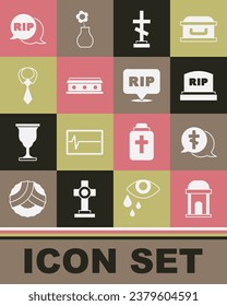 Set Old crypt, Grave with cross, Tombstone RIP written, Coffin, Tie, Speech bubble rip death and  icon. Vector
