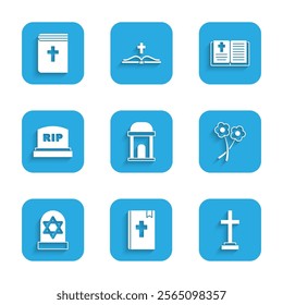 Set Old crypt, Holy bible book, Grave with cross, Flower, star of david, Tombstone RIP written,  and  icon. Vector