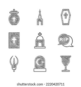 Set Old crypt, Muslim cemetery, Christian chalice, Speech bubble rip death, Lily flower, Holy bible book, Coffin with cross and Funeral urn icon. Vector