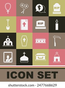 Set Old crypt, Scythe, Burning candle, Grave with cross, Holy bible book, Shovel, Christian on chain and Tombstone RIP written icon. Vector