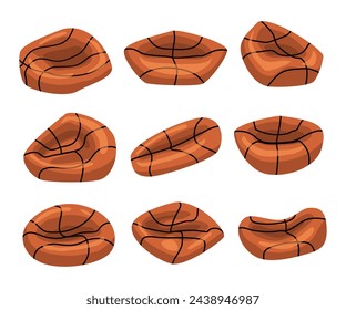 Conjunto de la vieja colección de juego de baloncesto desinflado, bola plana, estilo de dibujos animados, aislado sobre fondo blanco, bola dañada desgastada, naranja, goma, bola vieja arrugada, juego sobre concepto de deporte perdido.