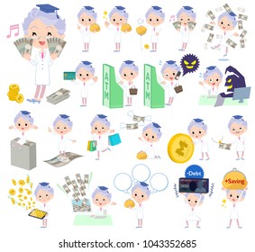 A set old doctor women with concerning money and economy.
There are also actions on success and failure.
It's vector art so it's easy to edit.