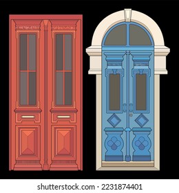 Set of old door vector art.  Old door isolated on bacl background. old door in style vector. for coloring book

