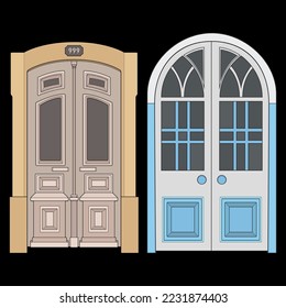 Set of old door vector art.  Old door isolated on bacl background. old door in style vector. for coloring book
