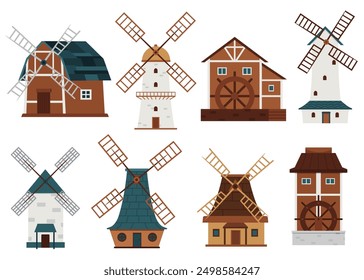 Set of old Dutch wind and water mills isolated on white background. Traditional agricultural stone and wooden mills. Farm building for grinding grain into flour. Vector illustration.