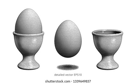 Set Of Old Easter Objects. Filled And Empty Egg Cups. Floating Chicken Egg. Vector Engraving. Cross Hatching Texture. Black Ink. Detailed Etching. Natural Food. Isolated Clipart. Elegant Vintage Style