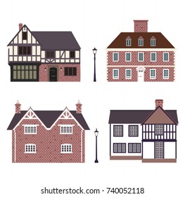 Set of old English cottages, house and street lanterns. Vector illustration.