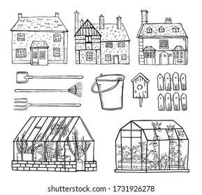 Set with old English houses, greenhouses and gardening tools. Hand drawn outline vector sketch black and white illustration