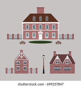 Set of old English houses made of bricks, street lamp, bench and fence. Vector illustration.