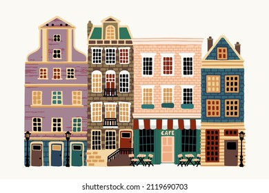 Set of the old European city abstract buildings. Series of the cartoon buildings. Vector Illustration.