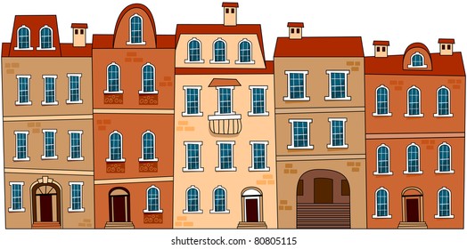 Set of the old European city abstract buildings. Series of the cartoon buildings.