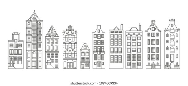 Un conjunto de antiguas casas europeas. Arquitectura de los Países Bajos. Ilustración del contorno de la línea del vector.