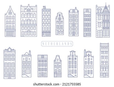 Set of old European houses. Facades of European old buildings in Scandinavian style. Holland homes. Vector line contour illustration.