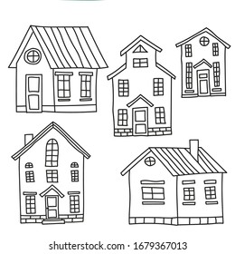 Set of old european houses isolated on vintage background. Hand drawn sketch in doodle style. Vector image, clipart, editable details. Fairytale houses for stickers or coloring books