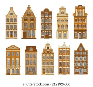 Set von alten europäischen Häusern. Traditionelle Architektur von Amsterdam, Holland, Niederlande, Belgien, Dänemark. Vektorgrafik