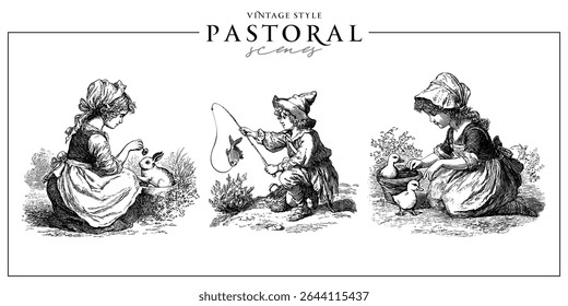 Set of old European romantic pastoral scenes. Vintage engraving or ink drawing style vector illustration.