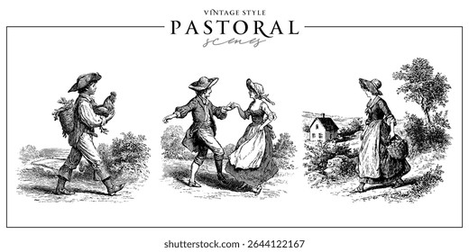 Set of old European romantic pastoral scenes. Vintage engraving or ink drawing style vector illustration.