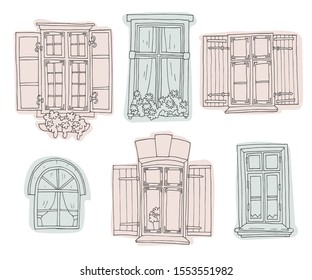 Set of old european shuttered windows. Hand-drawn line illustration.