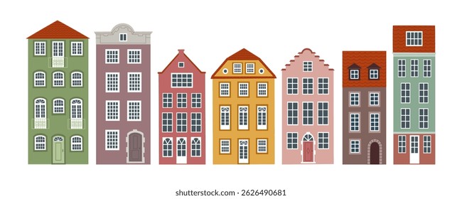 Set of old european style houses. Colorful facades of ancient building standing in a row. Hand drawn vector illustration isolated on white background, flat cartoon style.