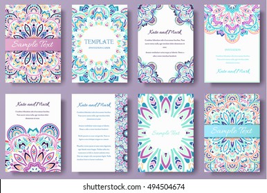 Set of old fairy tail flyer pages ornament illustration concept. Vintage art traditional, Islam, arabic, indian, ottoman motifs, elements. Vector decorative retro greeting card or invitation design. 