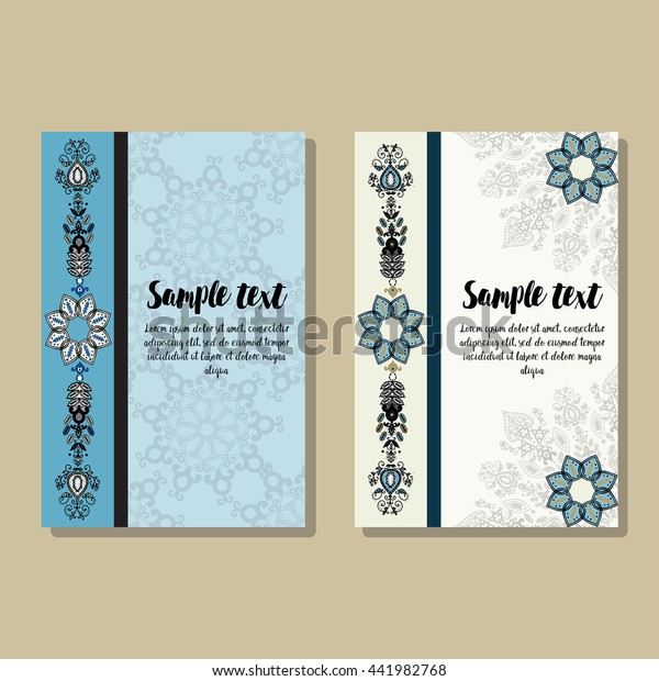 Set of old fairy tail flyer pages ornament\
illustration concept. Vintage art traditional, Islam, arabic,\
indian, ottoman motifs, elements. Vector decorative retro greeting\
card or invitation design.
