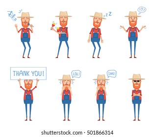 Set of old farmer characters posing in different situations. Cheerful farmer karaoke singing, dancing, sleeping, thinking, laughing, surprised, holding banner. Flat style vector illustration