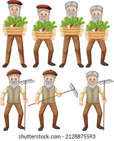 Set of old farmer with different poses illustration