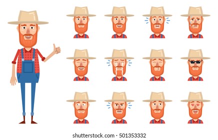 Set Of Old Farmer Emoticons. Farmer Avatars Showing Different Facial Expressions. Happy, Sad, Cry, Laugh, Smile, Angry, Confused, Surprised, In Love And Other Emotions. Simple Vector Illustration