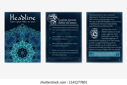 Set of old fary tail flyer pages ornament illustration concept. Vintage art traditional, Islam, arabic, indian, ottoman motifs, elements. Vector decorative retro greeting card or invitation 